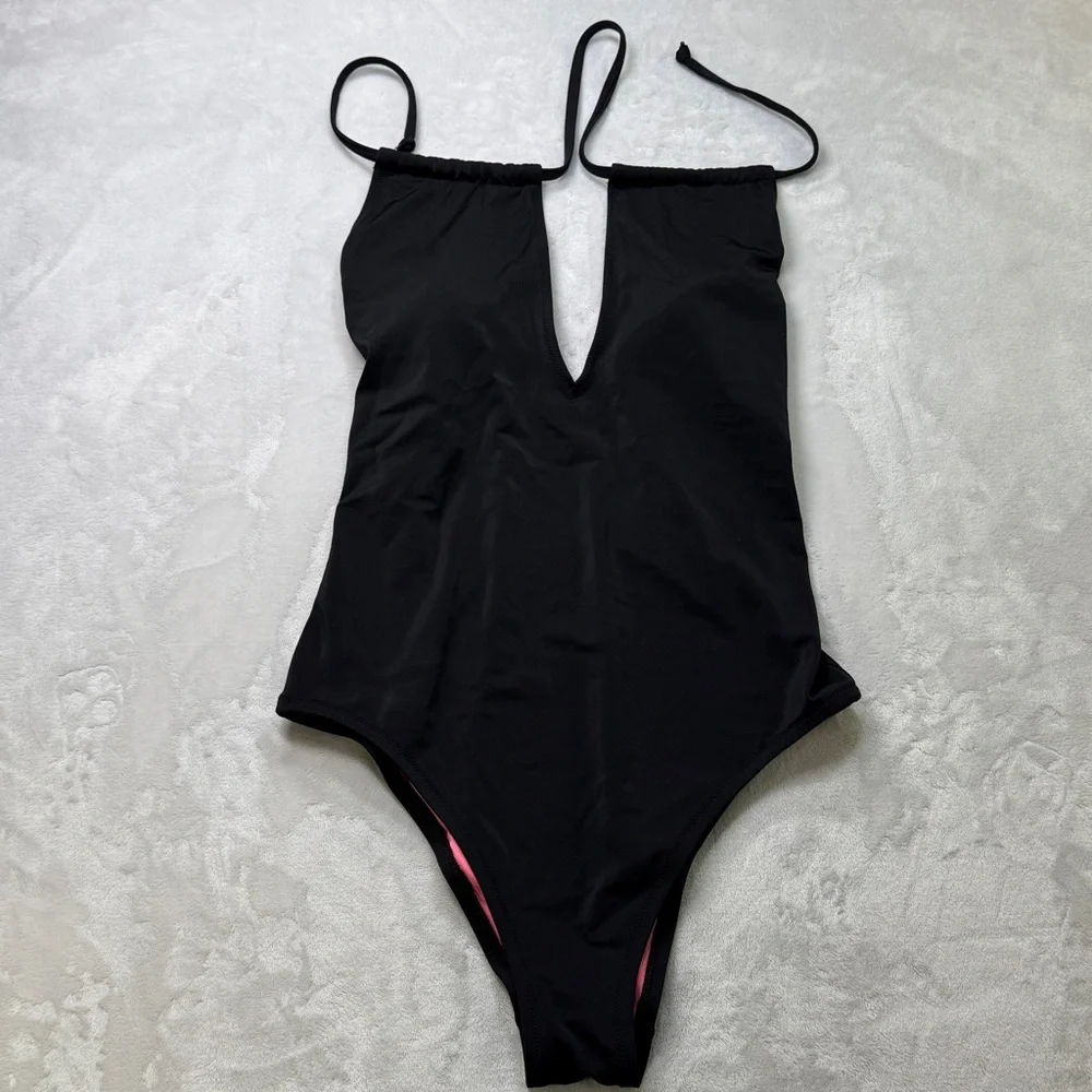 PINK Victoria’s‎ Secret Black One Piece Swimsuit Deep V Open Back Large